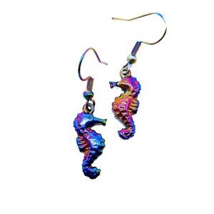 Handcrafted Rainbow Chromium Iridescent Seahorse Dangle Earrings